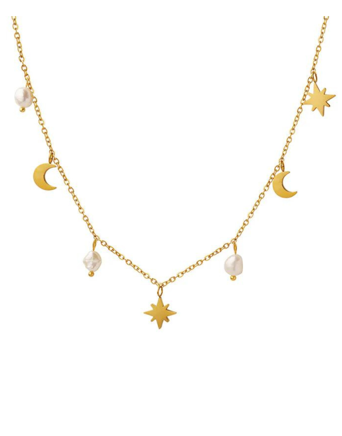 North Star Moon Pearl Necklace With Charms - Choker